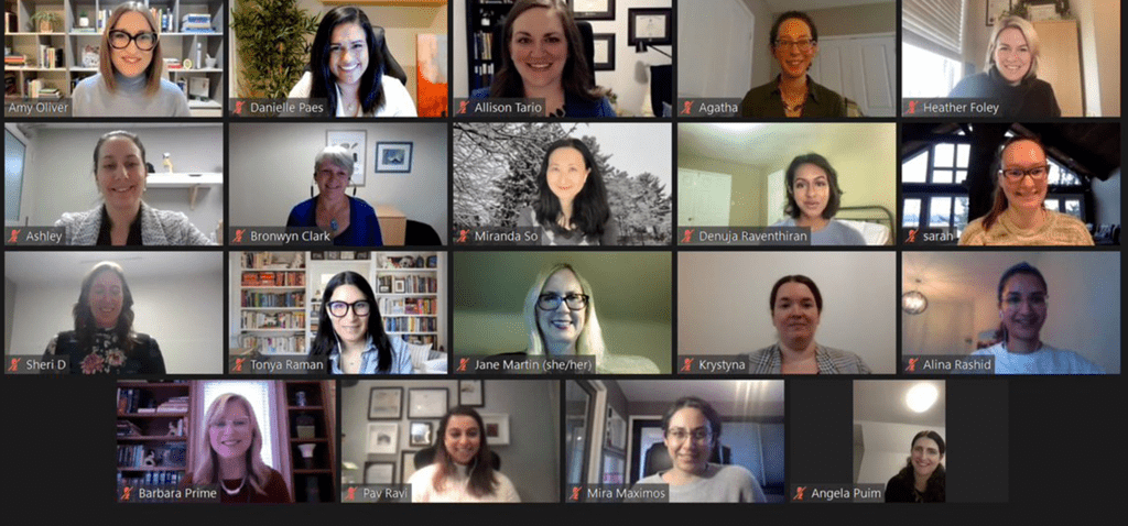 Mentors and mentees on an online call smiling