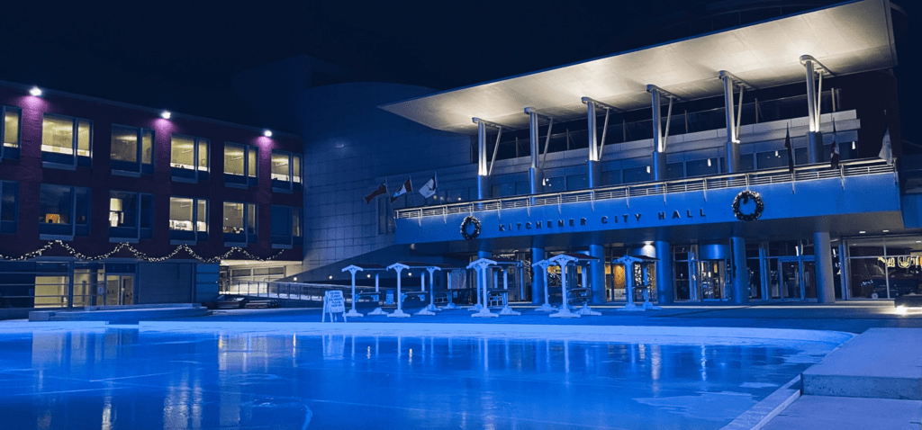 City of Kitchener Carl Zehr Square lit up blue