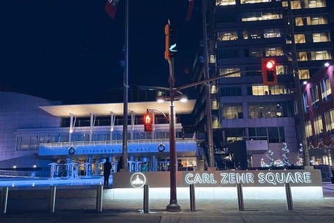 City of Kitchener Carl Zehr Square lit up blue