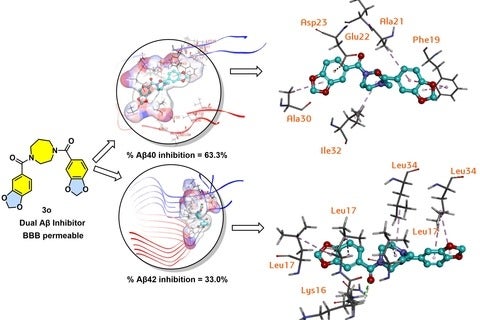 Diagram showing a dual Aβ inhibitor (compound 3o) with two molecular modeling images indicating its binding to Aβ40 and Aβ42. Inhibition levels are shown as 63.3% for Aβ40 and 33.0% for Aβ42. Arrows lead to docking views with labeled amino acid residues surrounding the ligand.