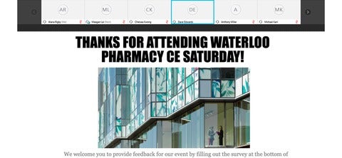 Screenshot showing pharmacy building and text that reads thank you for attending Waterloo Pharmacy CE Saturday 