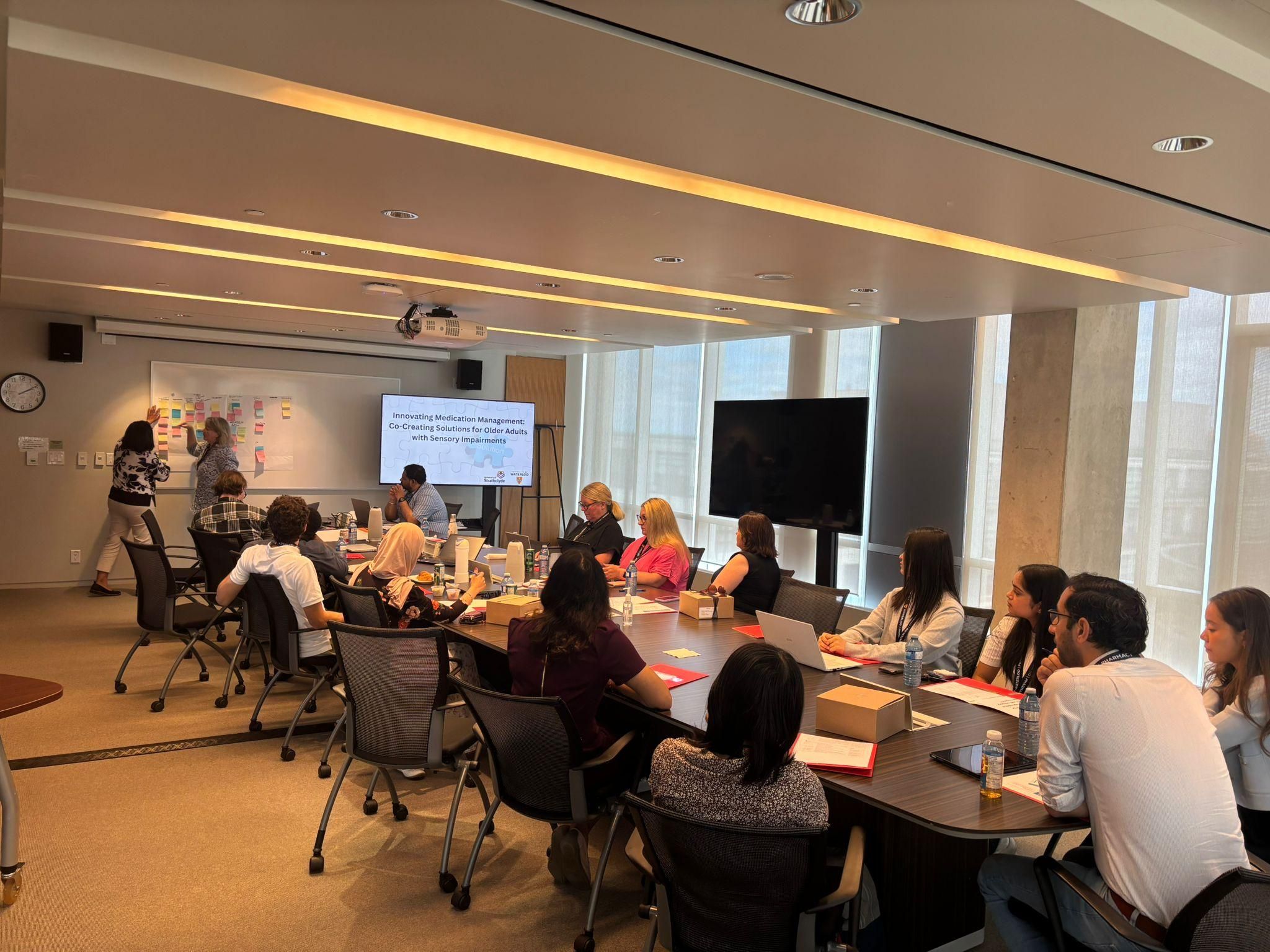 A group of people brainstorming in a room together