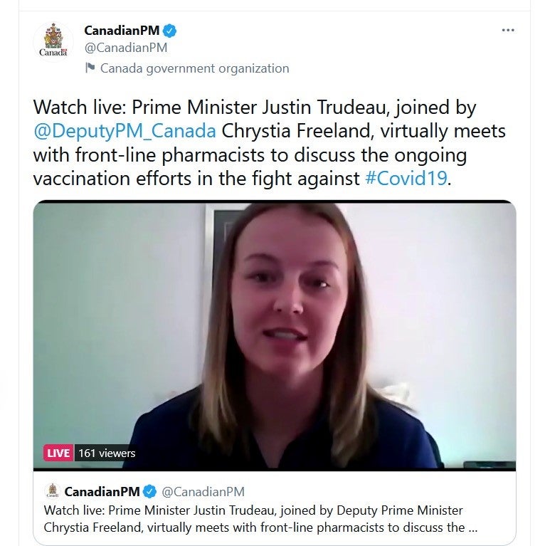 Randilynne's face in a tweet from the Canadian Prime Minister's account discussing his call with pharmacists