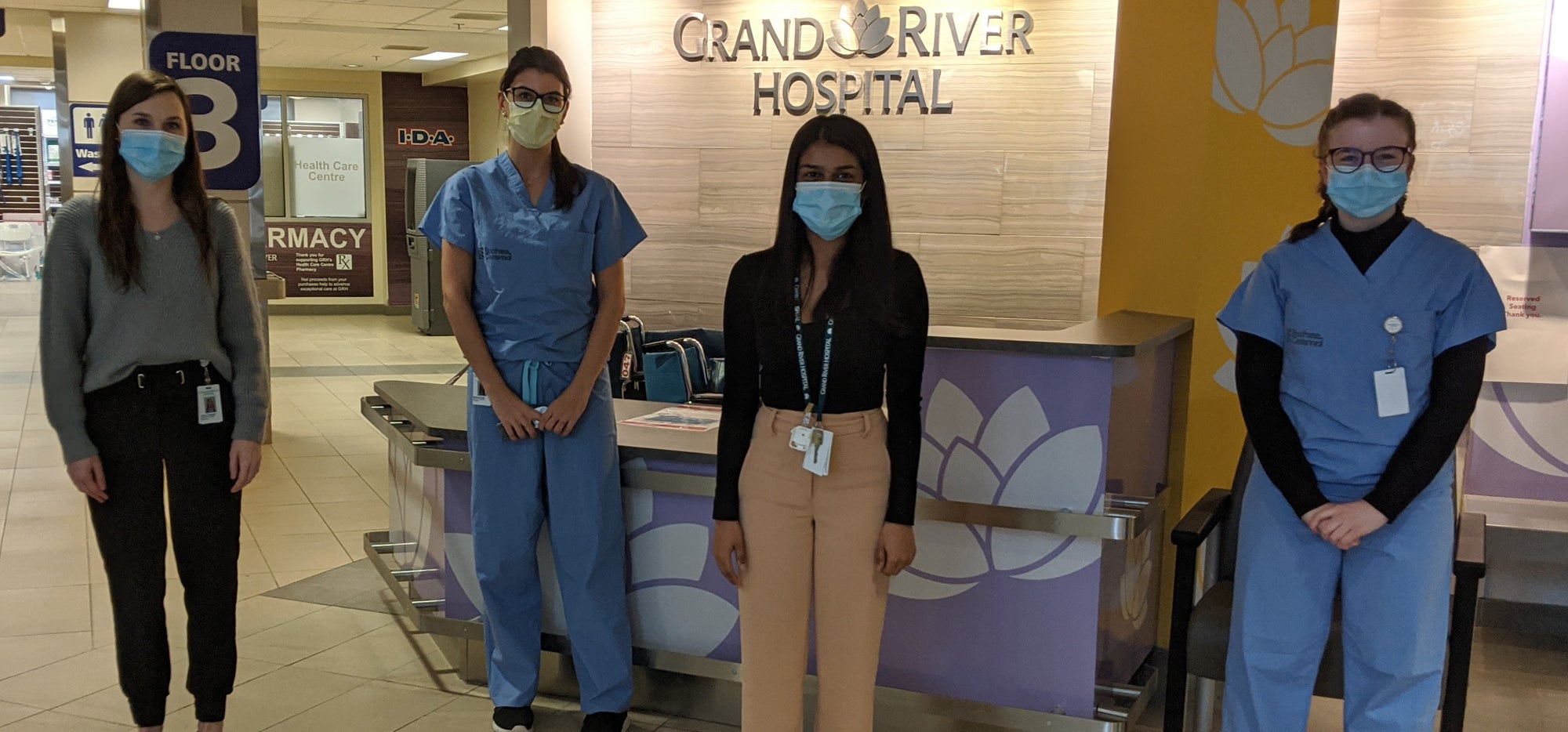 Students working at Grand River Hospital. Left to right: Lauren Thompson (Oncology), Melissa Garellek (Emergency Department), an