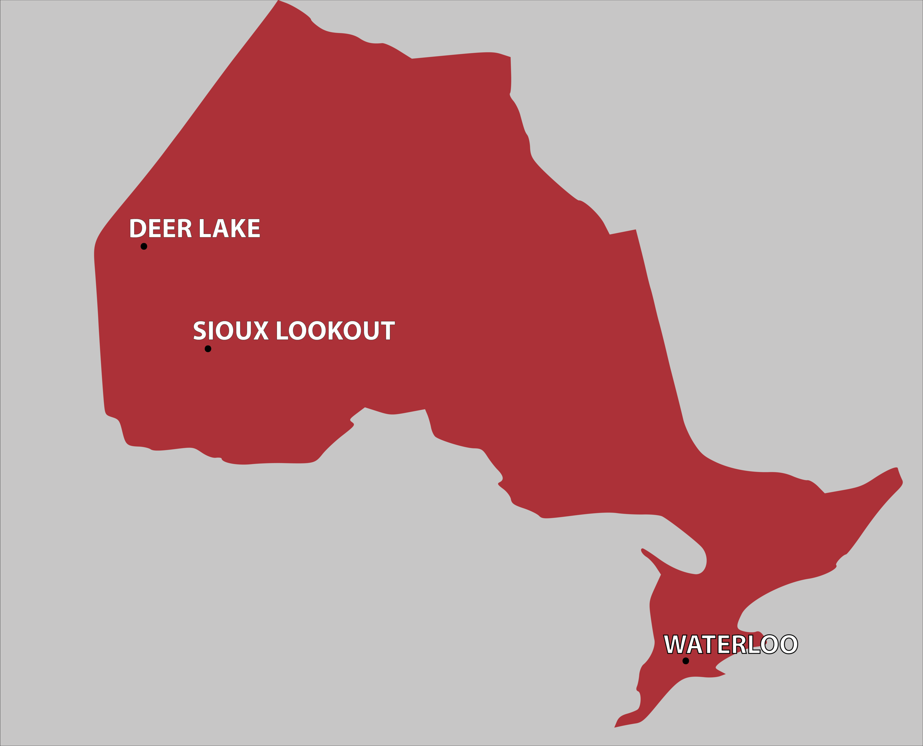 Map of Ontario showing Kitchener Waterloo, Sioux Lookout and Deer Lake