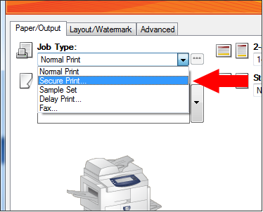 Click the dropdown beside "job type" and select "secure print".