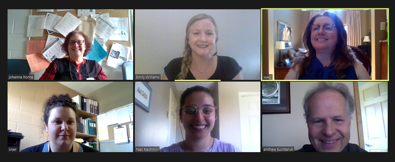 Six smiling people using video conference software