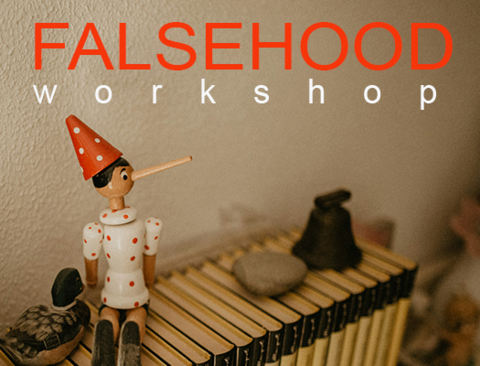 wooden Pinocchio doll and text " Falsehood workshop"