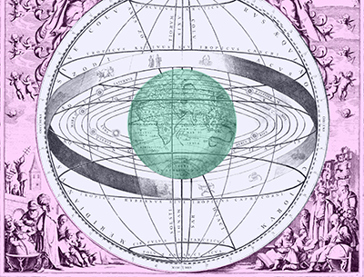 A globe with orbit paths around it and ancient drawings around it