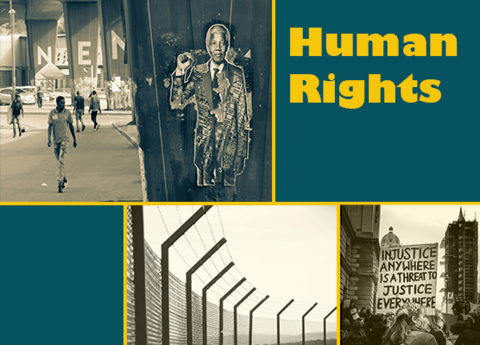 black and white images, 1 Nelson Mandela, 2 Barbed wire fence, 3 protest and text " Human Rights"