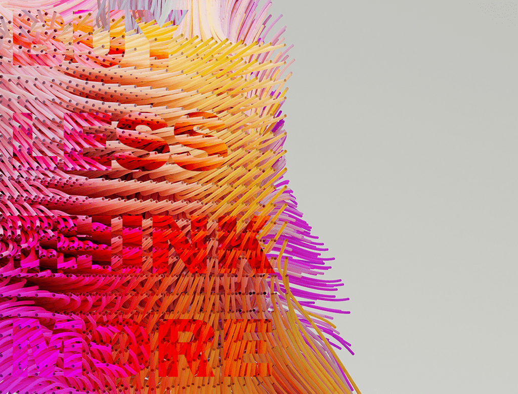 a red, orange and pink texture background with text underlay- "Buy less, think more"