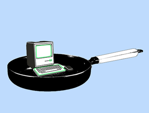 illustration of a COMPUTER IN A FRYING PAN