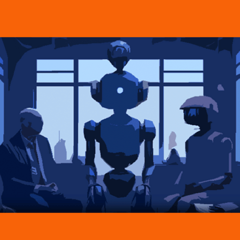 two seated figures with a robot towering over them