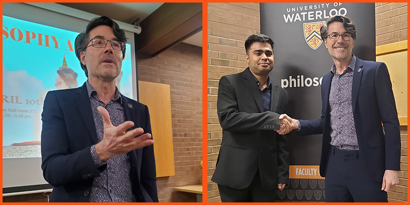 Brain Orend speaking, and Brian Orend shaking Simar Kapoor's hand