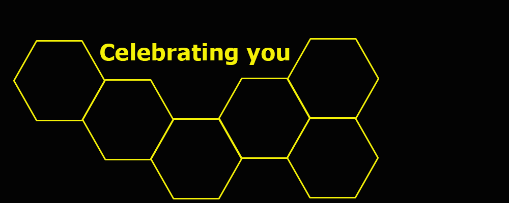 interlockin gploygons with text "celebrating you"