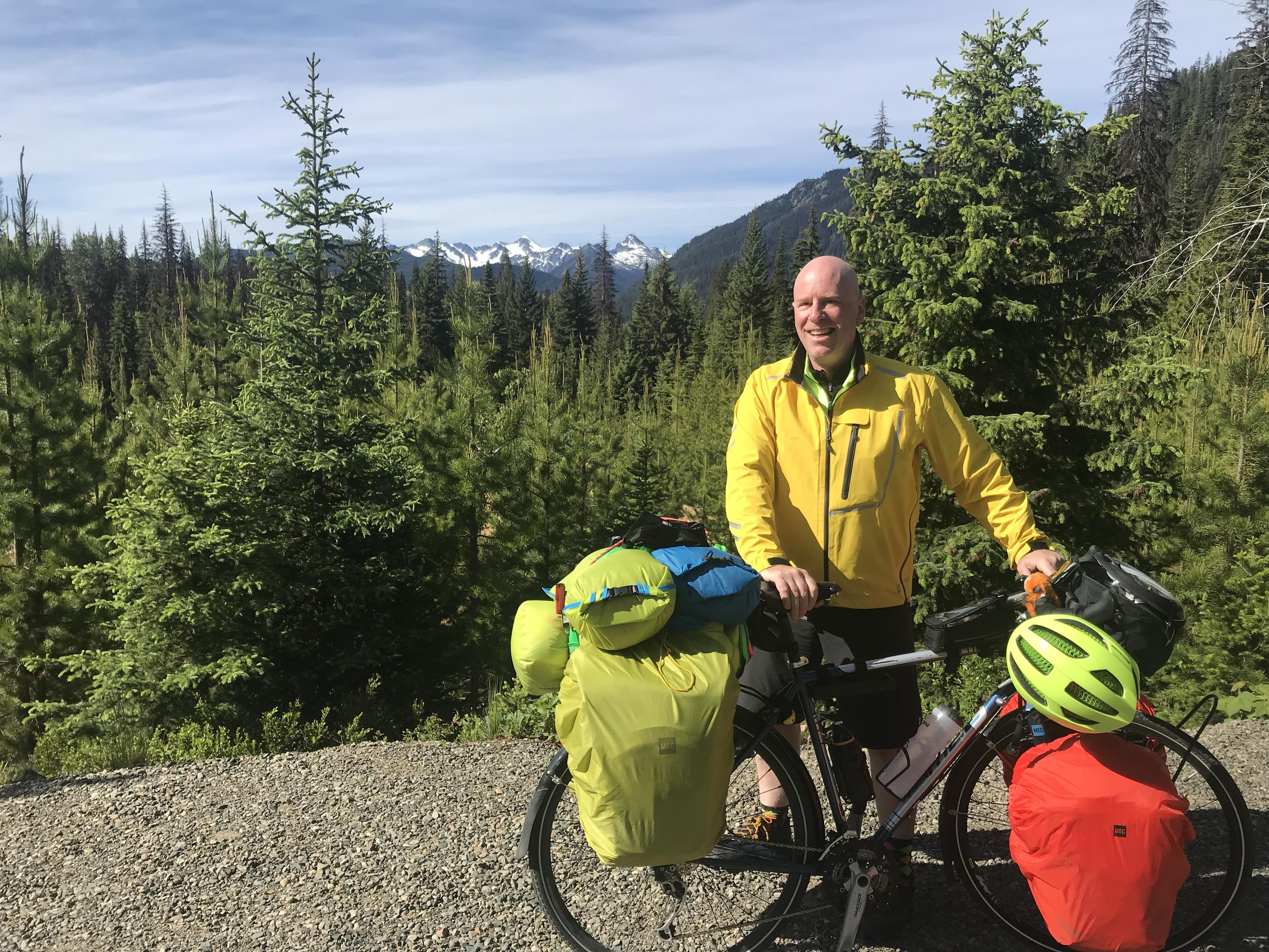 Greg Andres in Manning Provincial Park with a bicycle 