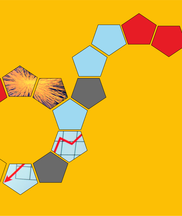 intersecting pentagon pattern, 2 with image of exploding particles, 2 with decending graph, rest coloured