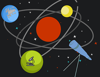 illustration of a nucleus, telescope, frog and microscope on a background of stars
