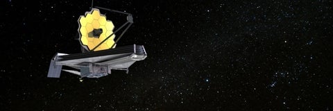 Technical rendering of the James Webb Space Telescope with a backdrop of stars