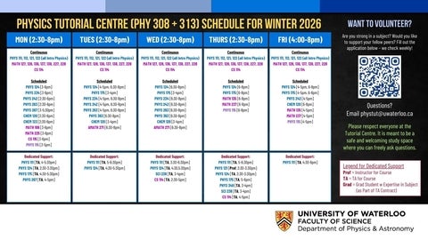 Winter 2026 schedule for Physics Tutorial Centre (updated Jan 26, 2026). Please check Physics TV screens for most up-to-date schedule.