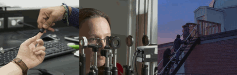 Composite image of physics programs: nanotechnology research, lasers and optics research, Gustav Bakos Observatory tour at twilight.