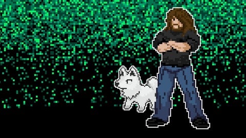 Pixelated graphic of Mirko Vucicevich and his dog, Tofu