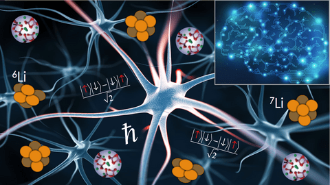 artist's rendition of neurons in the brain with quantum notation overlaid