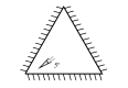 A line drawing of an equilateral triangle with short hatch marks along the outside of all three edges, indicating that they are reflective surfaces or mirrors facing inward. One corner shows the angle described in the problem.