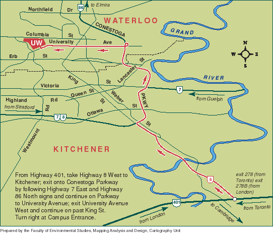 Map showing directions from Highway 401 to University of Waterloo campus.