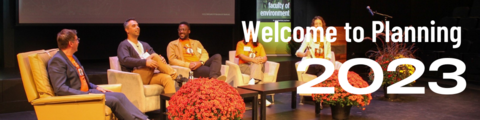 A wide shot of the Welcome to Planning guest panelists on the Modern Languages theatre stage.