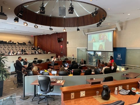 Wide shot of Hamilton City Council meeting discussing renoviction bylaw.