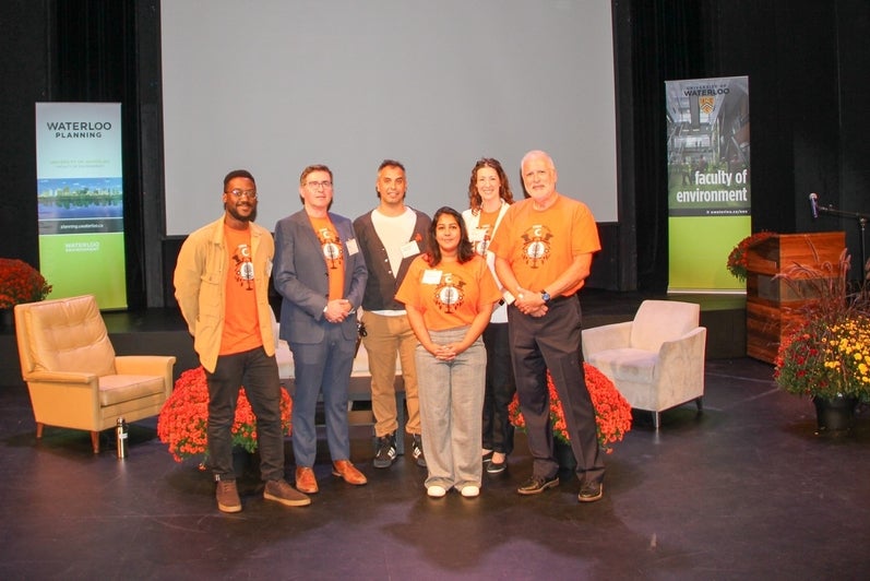 School of Planning "Talk Show" Panelists from Left to Right: Robert Walter-Joseph, Senior Planner; Dr. Brian Doucet, Phd; Alexander Marques, Professional Land Use Planner; Rukma Ramdenee, Planner & Urban Designer; Dr. Leia Minaker, PhD; School of Planning Director Mark Seasons 