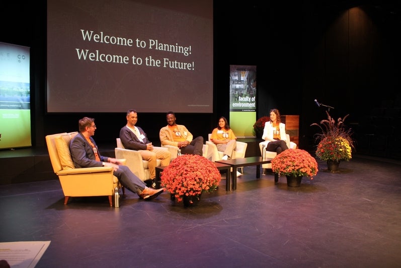 School of Planning "Talk Show" Panelists from Left to Right: Dr. Brian Doucet, Phd; Alexander Marques, Professional Land Use Planner; Robert Walter-Joseph, Senior Planner; Rukma Ramdenee, Planner & Urban Designer; Dr. Leia Minaker, PhD 