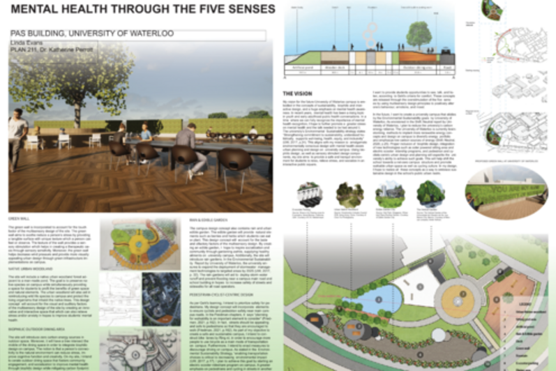 PLAN211 Student Linda Evan's project "Interactive Urban Campus Design: Mental Health Through The Five Senses"