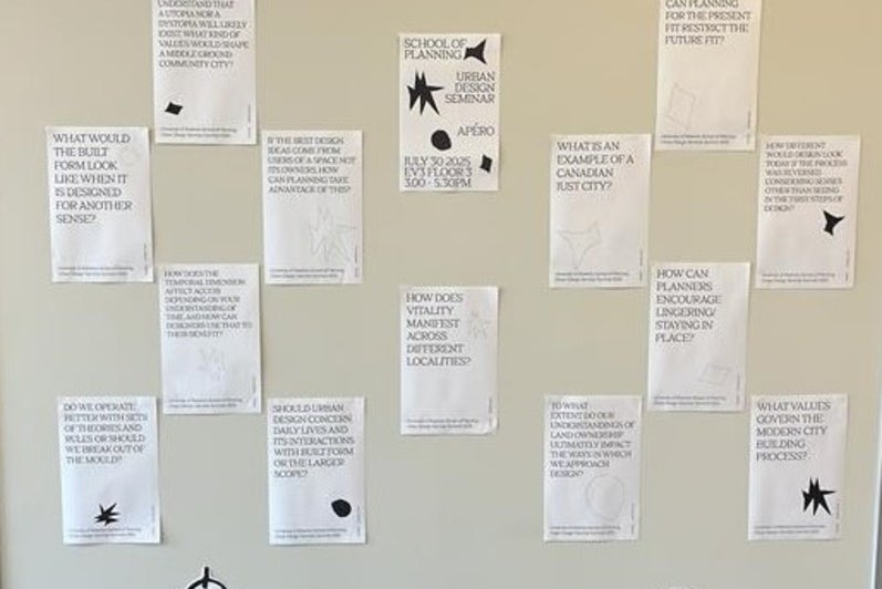 Papers with text written on them taped to a wall