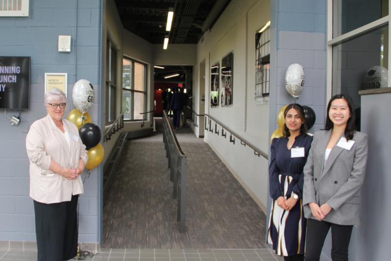 School of Planning staff members Tracey Beirness (Grad coordinator), Jessica Huang (UG Advisor) and Neda Gohardehi (UG Advsiors) acting as greeters.