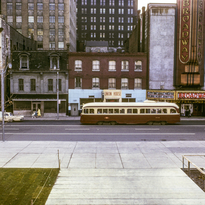 Toronto EB streetcar pictured at Queen from Nathan Phillips Square on November 14, 2023.