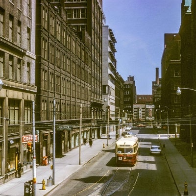 Toronto WB streetcar pictured at Louisa near Bay City Hall loop on May 14, 1967.