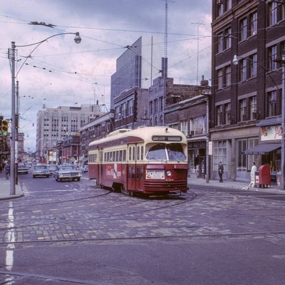 Toronto EB streetcar pictured at Dundas and Bay on August 8, 1964.