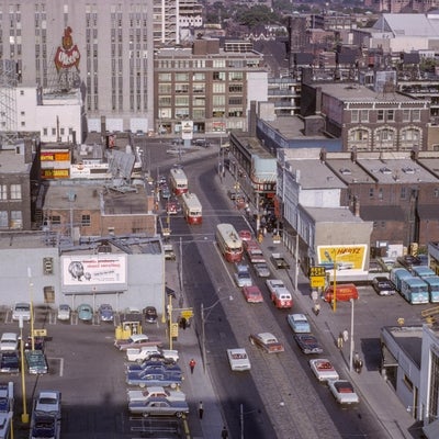 Overhead photo of Dundas St looking east towards Younge from the Ford Hotel in Toronto in September, 1963.