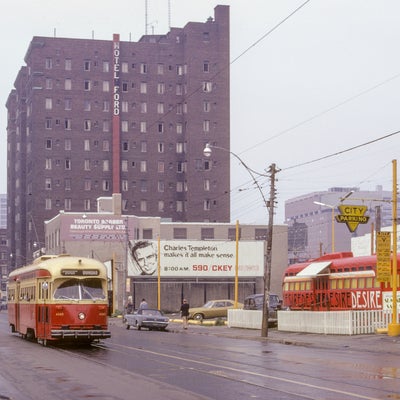 Toronto streetcar passing by the Hotel Ford on August 26, 1973.
