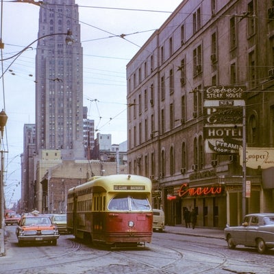Toronto WB streetcar pictured at York and King on February 22, 1966.