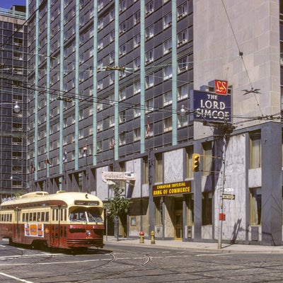 Toronto EB streetcar pictured at York and King on June 14, 1970.