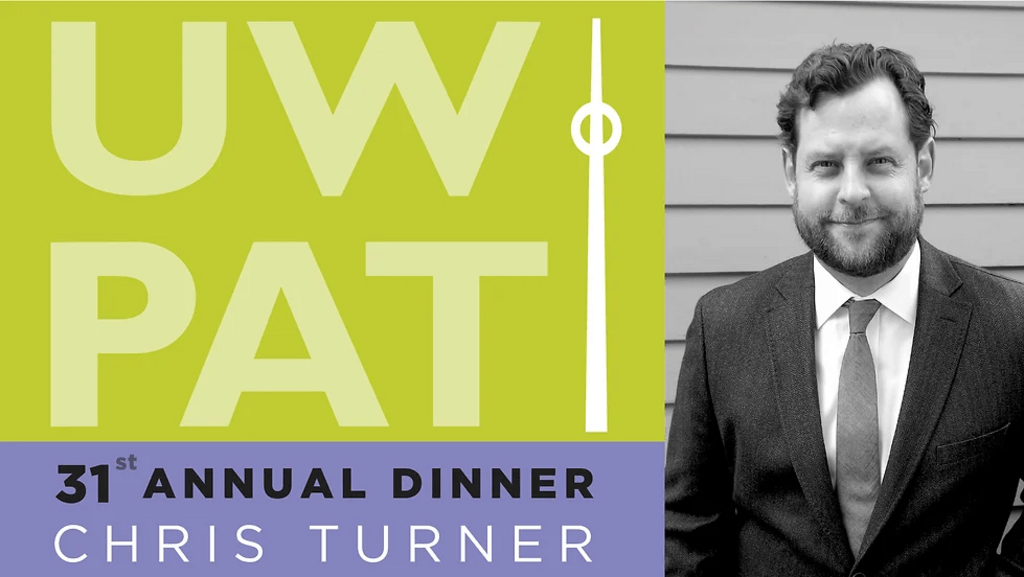 Promotional Image for UWPAT's 31st Annual Dinner with a portrait of keynote speaker Chris Turner
