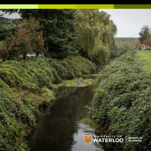 Image of a river with lush greenery on each side, includes UWaterloo logo and ENV colours