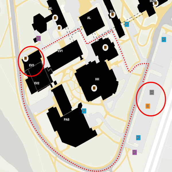 Directions from H Parking Lot to EV3 where the event is being held