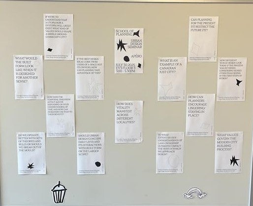 Papers with text written on them taped to a wall