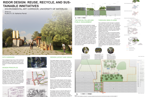 PLAN211 Student Anna Liu's project "Pedestrian-Oriented Marketplace Corridor Design: Reuse, Recycle, & Sustainable Initiatives"
