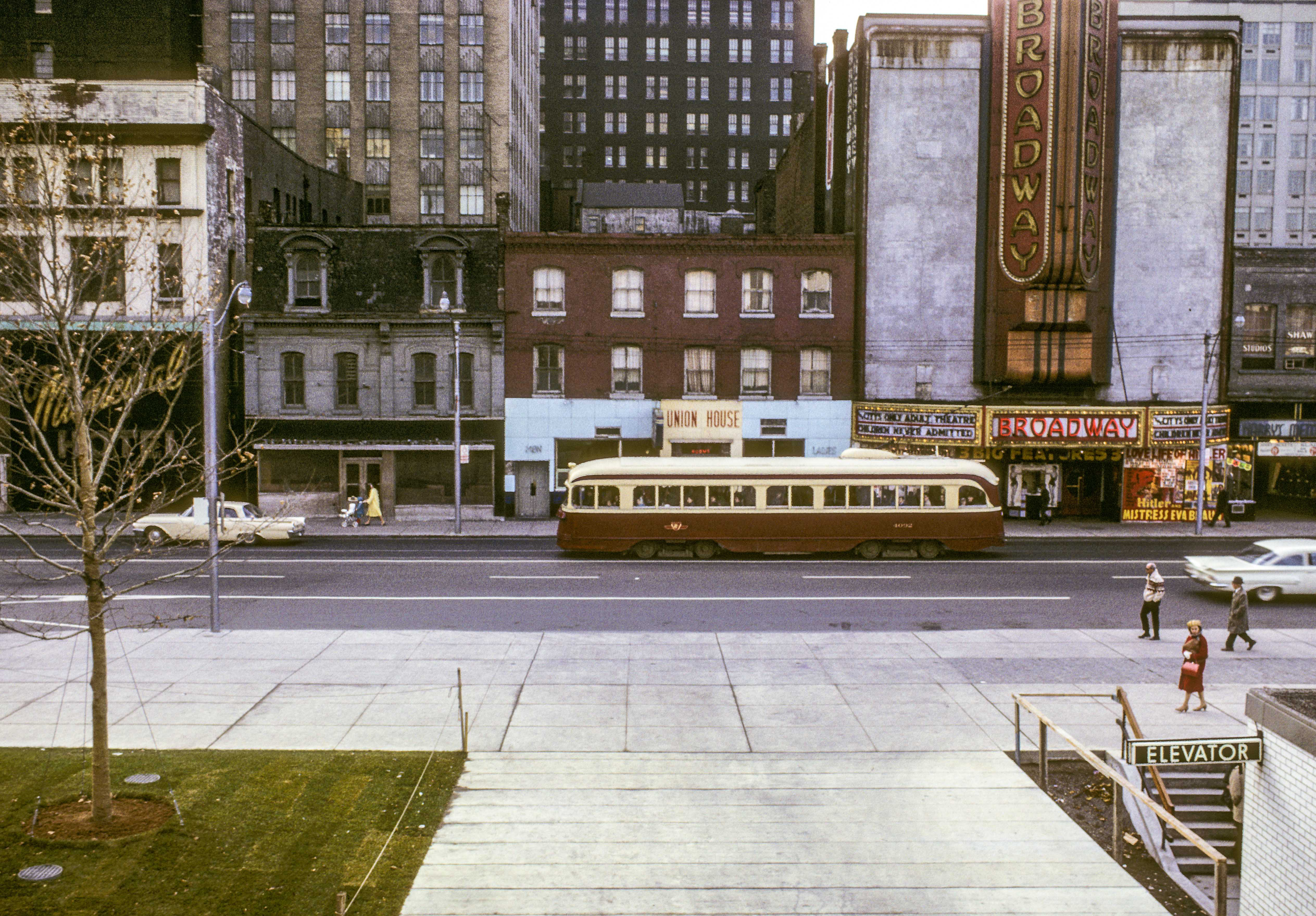 Toronto EB streetcar pictured at Queen from Nathan Phillips Square on November 14, 2023.