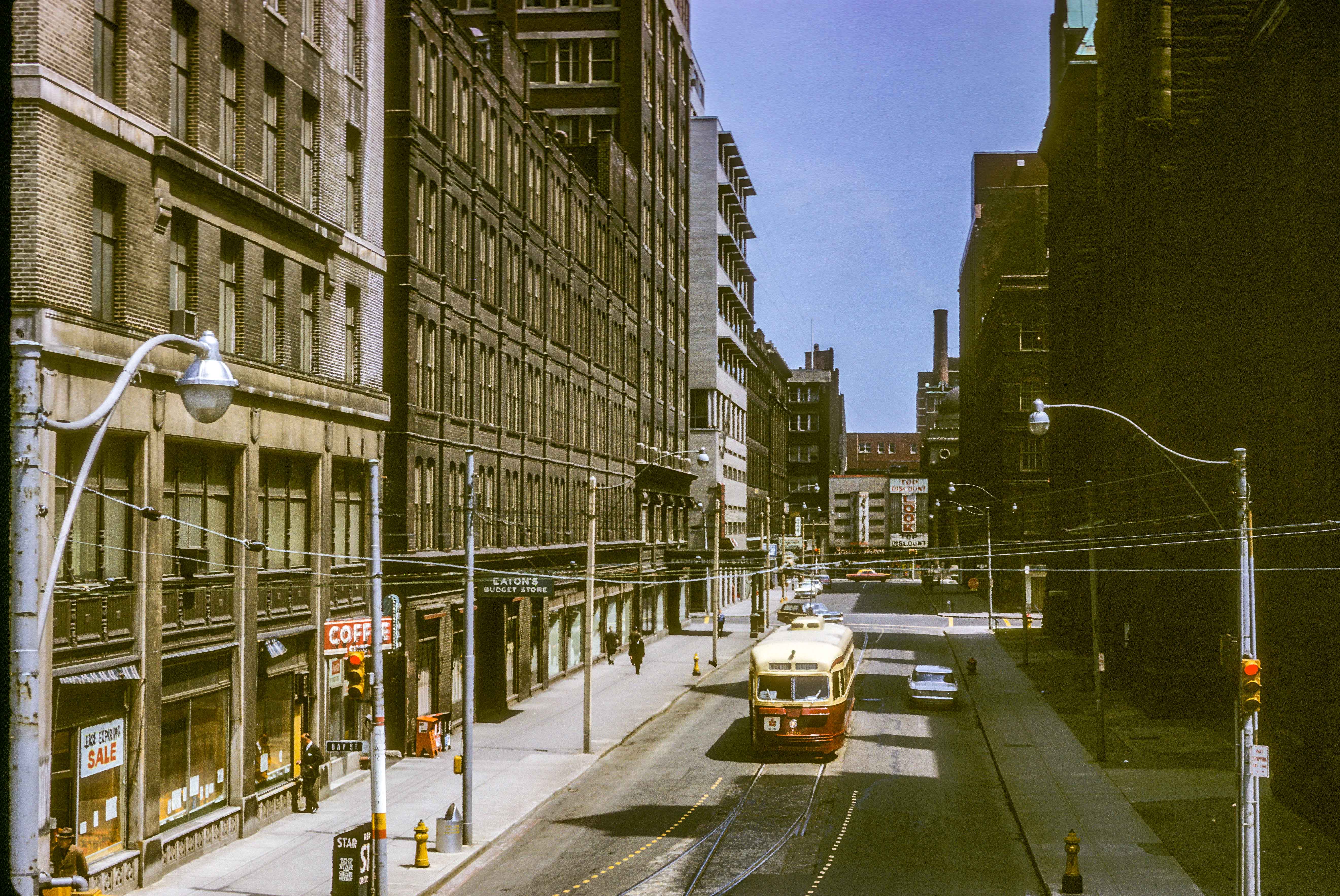 Toronto WB streetcar pictured at Louisa near Bay City Hall loop on May 14, 1967.
